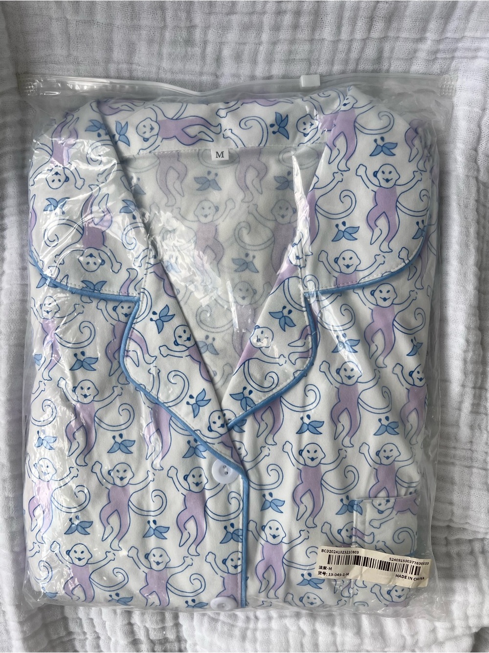 White Pajama Top with Lavender and Light Blue Monkey Print POLYESTER